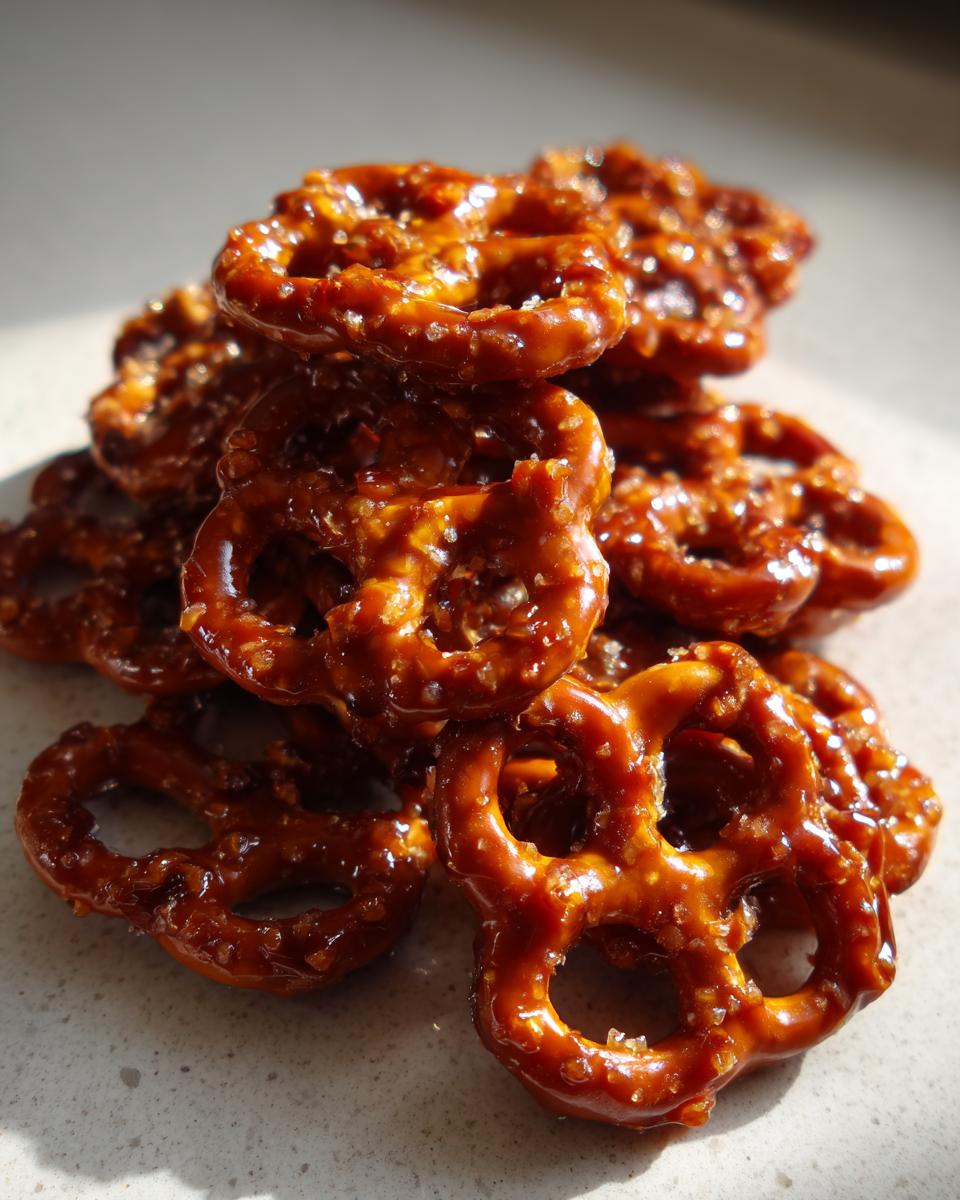 Close-up of a small pile of shiny, glazed toffee pretzels sprinkled with coarse salt.