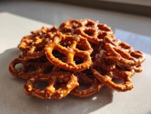 A close-up of a pile of crunchy, glazed toffee pretzels glistening in the light.