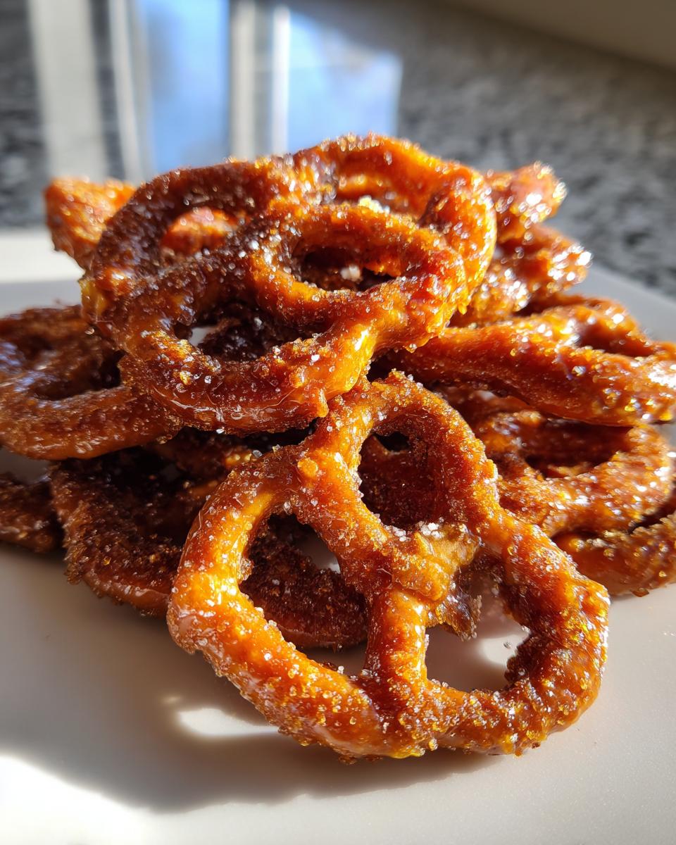 A close-up stack of glossy, caramelized toffee pretzels coated in sparkling sugar crystals.