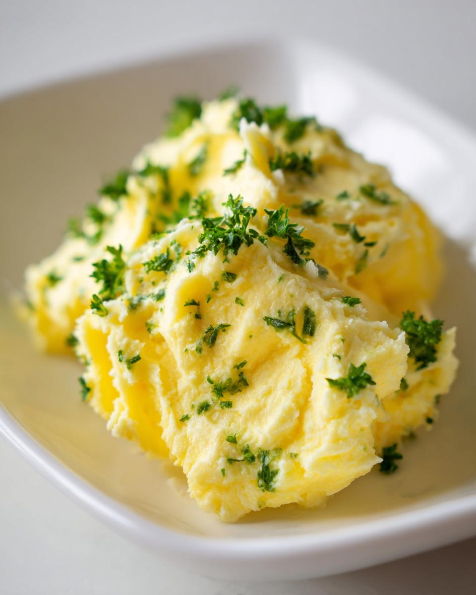 Close-up of mounds of creamy, yellow garlic butter sprinkled generously with chopped green parsley.