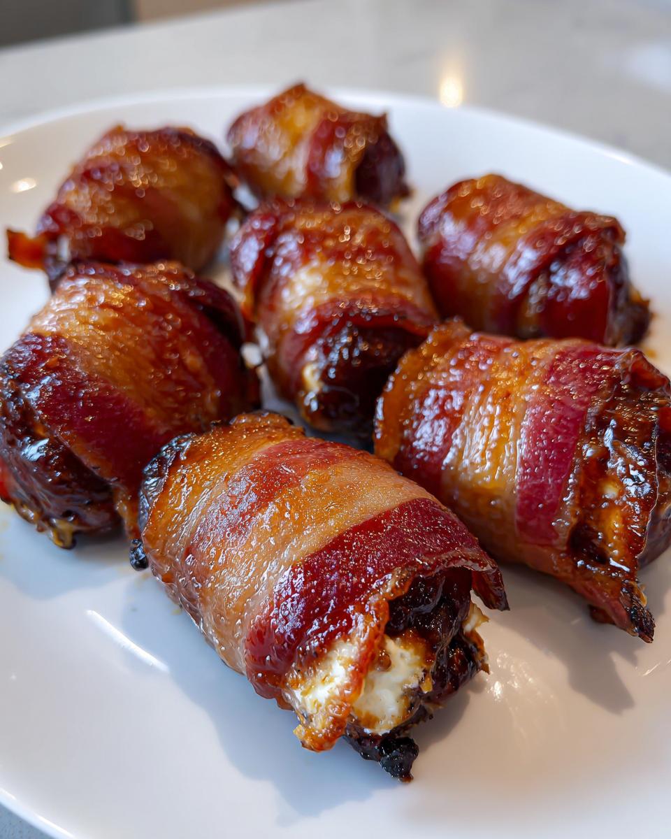 Six perfectly cooked, glazed bacon-wrapped dates stuffed with cheese, resting on a white plate.