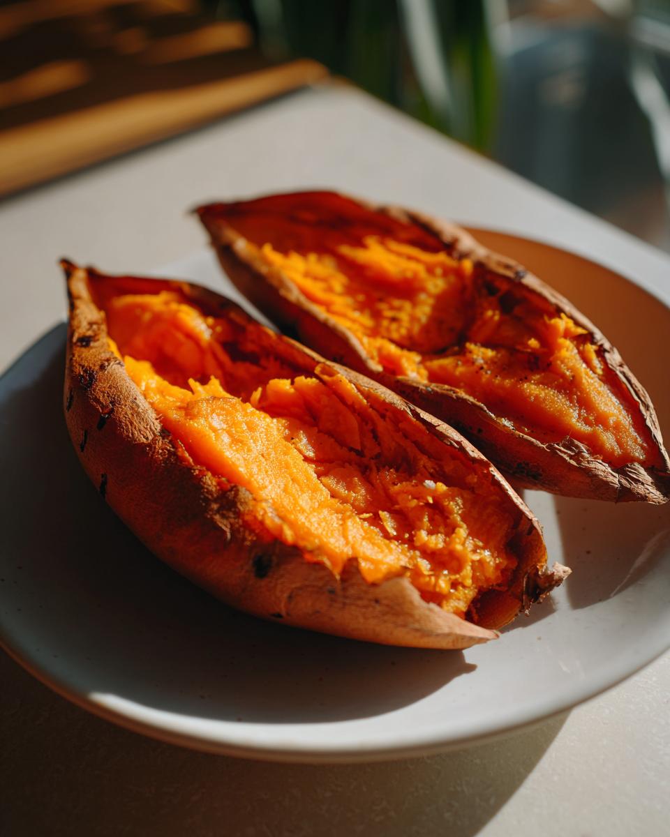 Two halves of perfectly cooked baked sweet potatoes with bright orange, fluffy insides resting on a light plate.