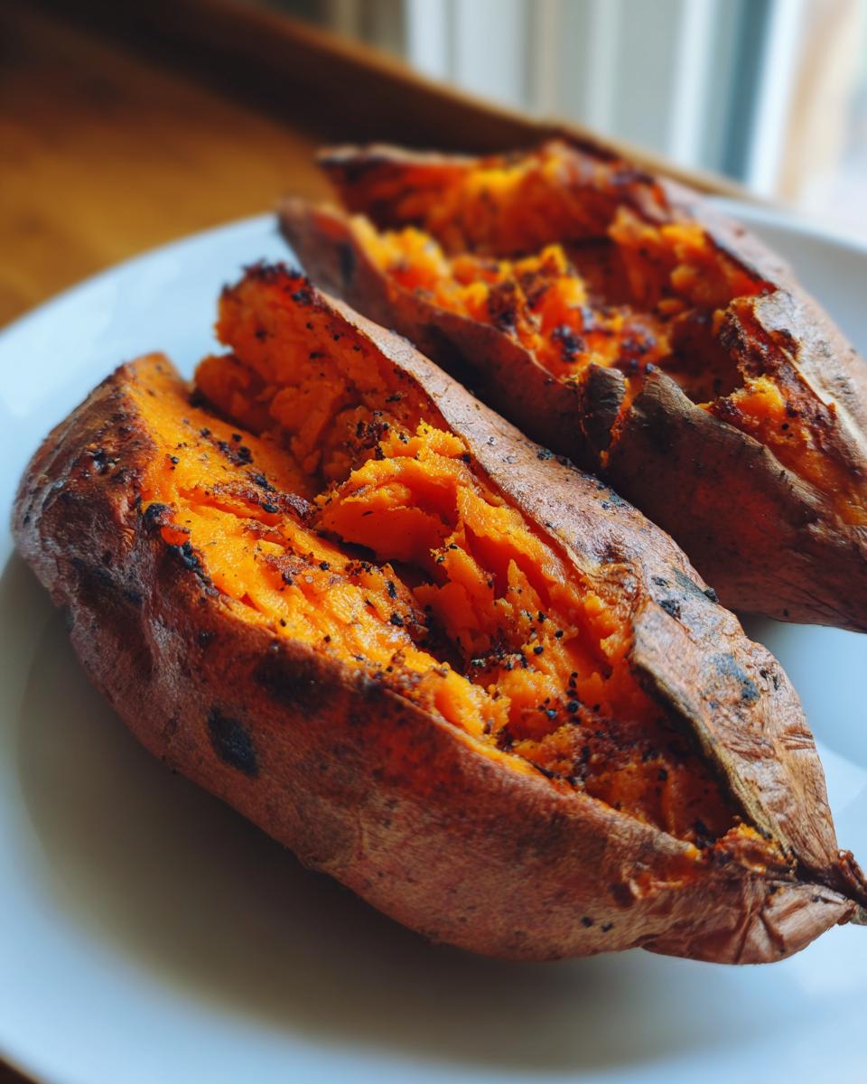 Two perfectly cooked baked sweet potatoes split open showing fluffy orange flesh seasoned with pepper.