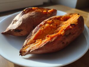 Two perfectly baked sweet potatoes split open on a white plate, showing the fluffy orange interior.