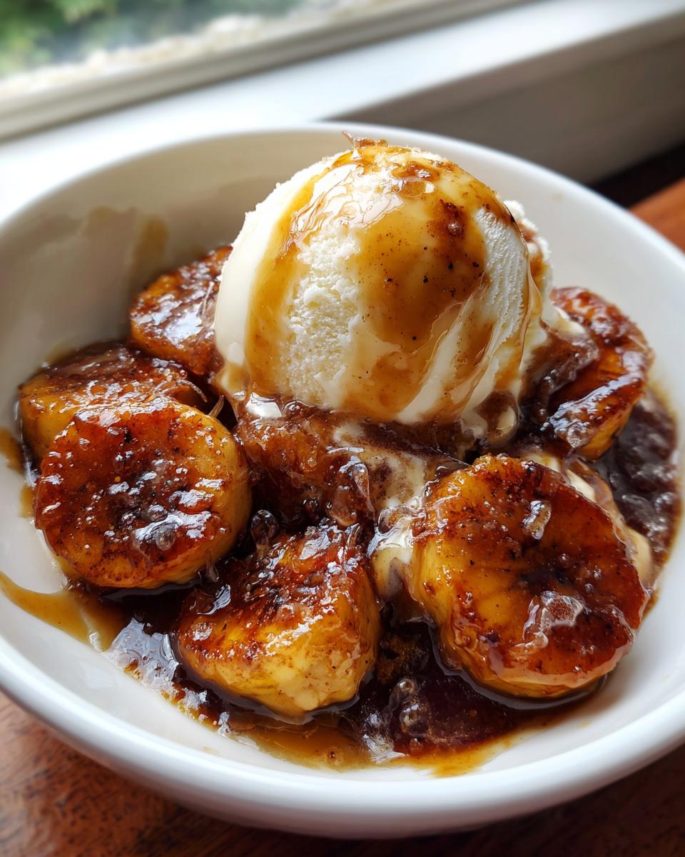 Close-up of warm, caramelized bananas foster topped with a scoop of melting vanilla ice cream in a white bowl.