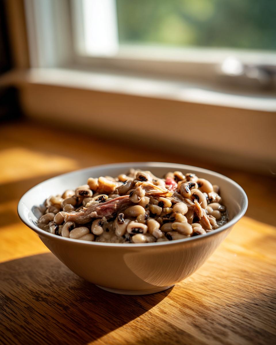 A white bowl filled with cooked black eyed peas and shredded smoked meat, resting on a wooden surface near a bright window.
