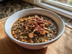 A white bowl filled with savory black eyed peas stewed with greens, topped with pulled pork and crispy bacon.