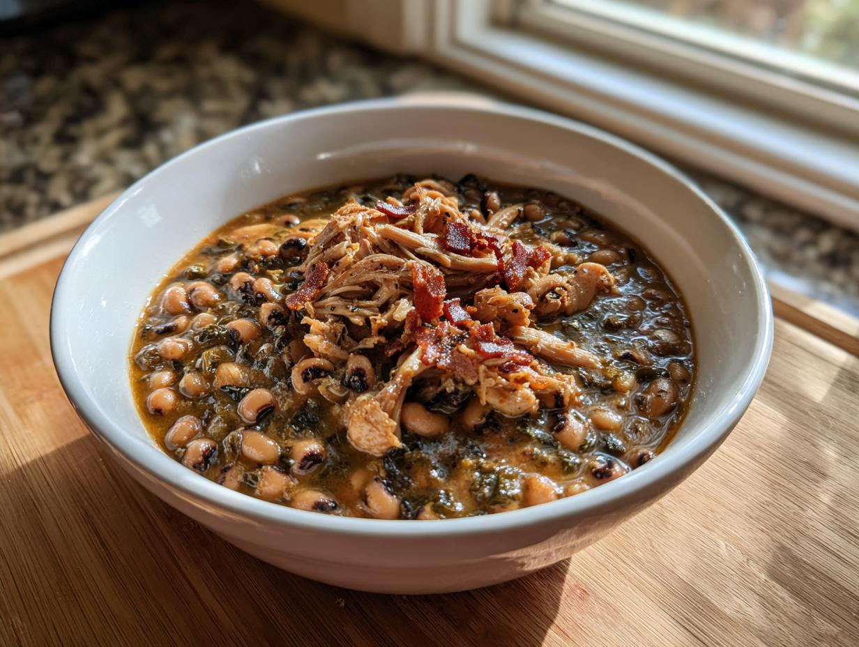 A white bowl filled with savory black eyed peas stewed with greens, topped with pulled pork and crispy bacon.