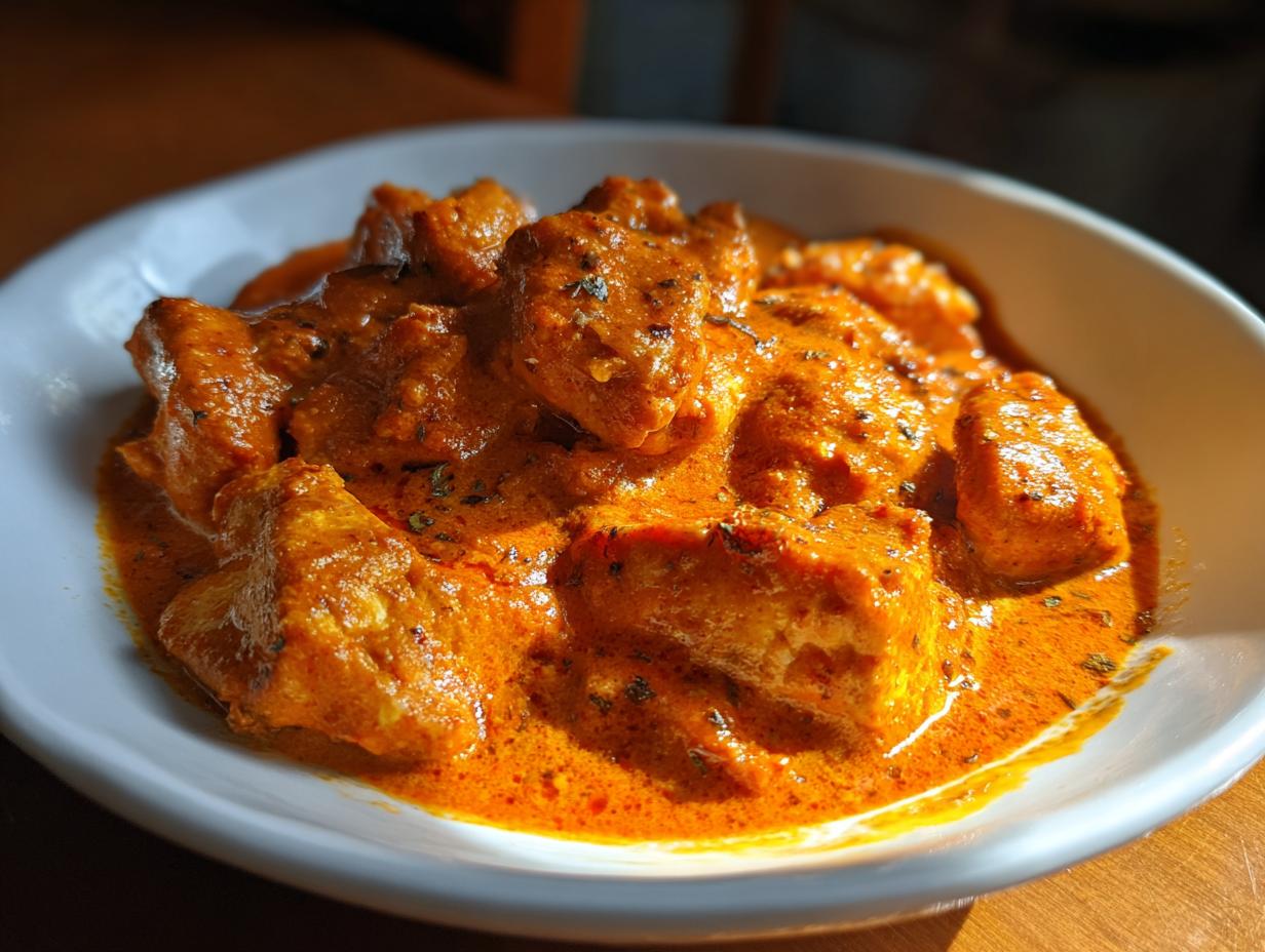 Close-up of tender chicken pieces coated in rich, orange-red sauce, showcasing the amazing butter chicken flavor.