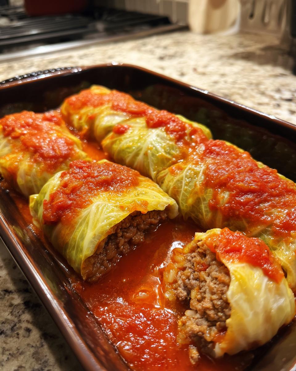 Close-up of homemade cabbage rolls stuffed with meat and rice, baked in a rich tomato sauce.