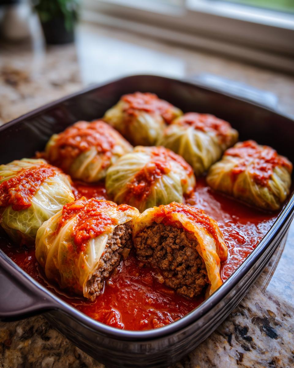 A baking dish filled with amazing cabbage rolls topped with tomato sauce, one roll is cut open showing the ground meat filling.