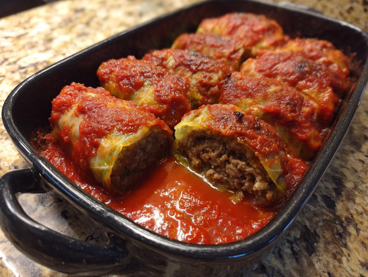 A close-up of baked cabbage rolls smothered in rich tomato sauce in a black baking dish.