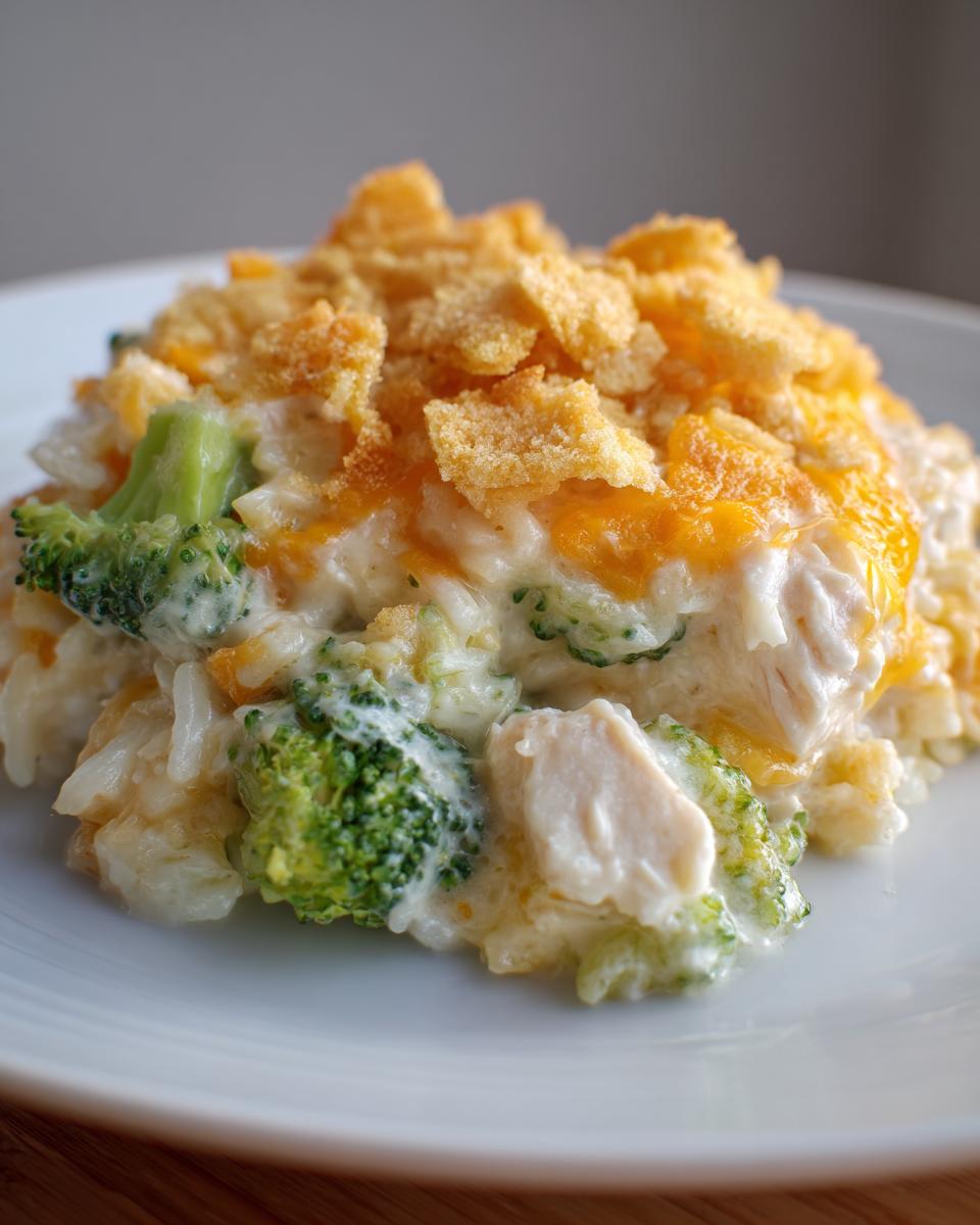 A close-up serving of creamy chicken broccoli rice casserole topped with melted cheddar and crunchy topping.