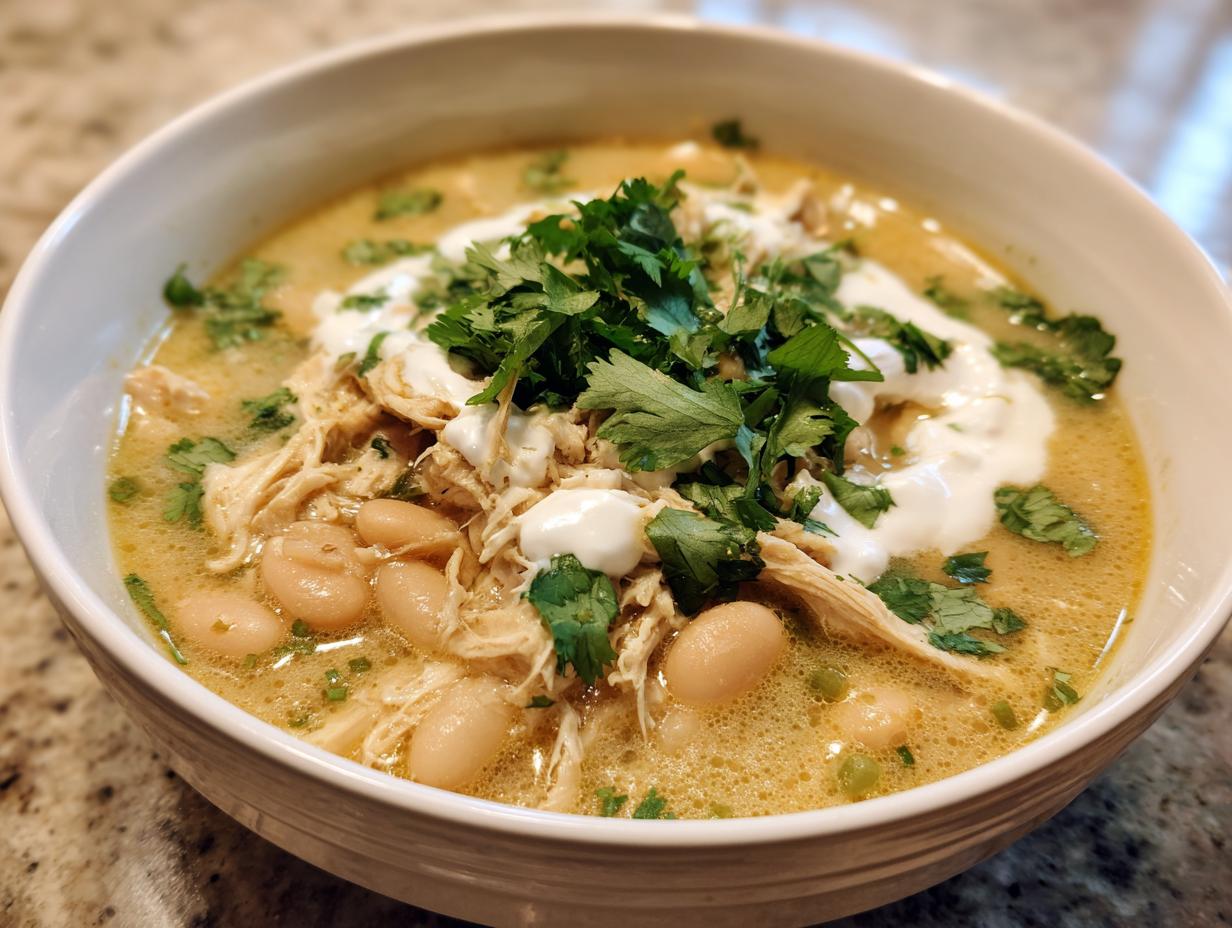 A close-up of a white bowl filled with creamy white chicken chili, topped with shredded chicken, white beans, sour cream, and fresh cilantro.