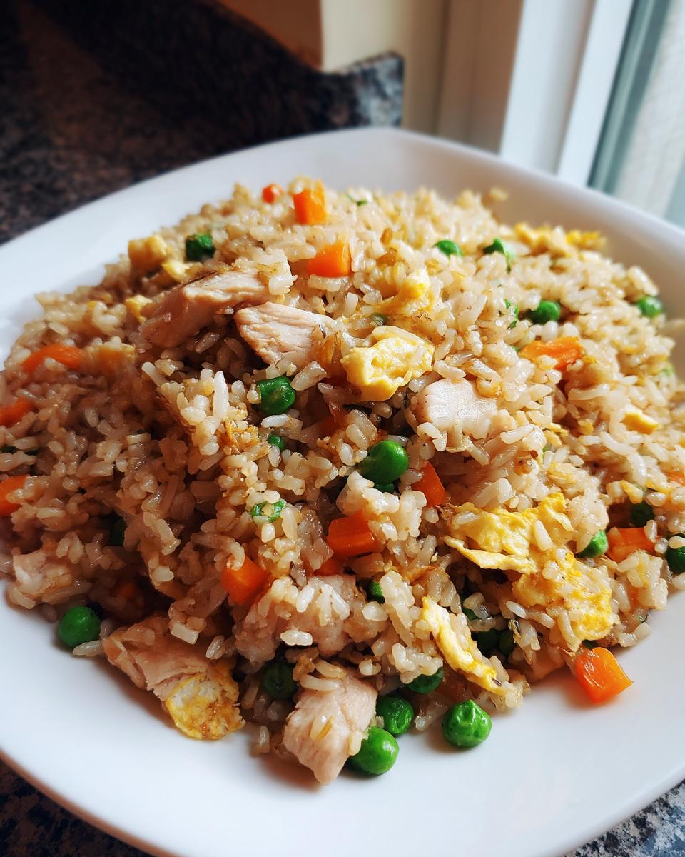 A close-up of a white bowl filled with amazing chicken fried rice, featuring visible pieces of chicken, scrambled egg, peas, and carrots.