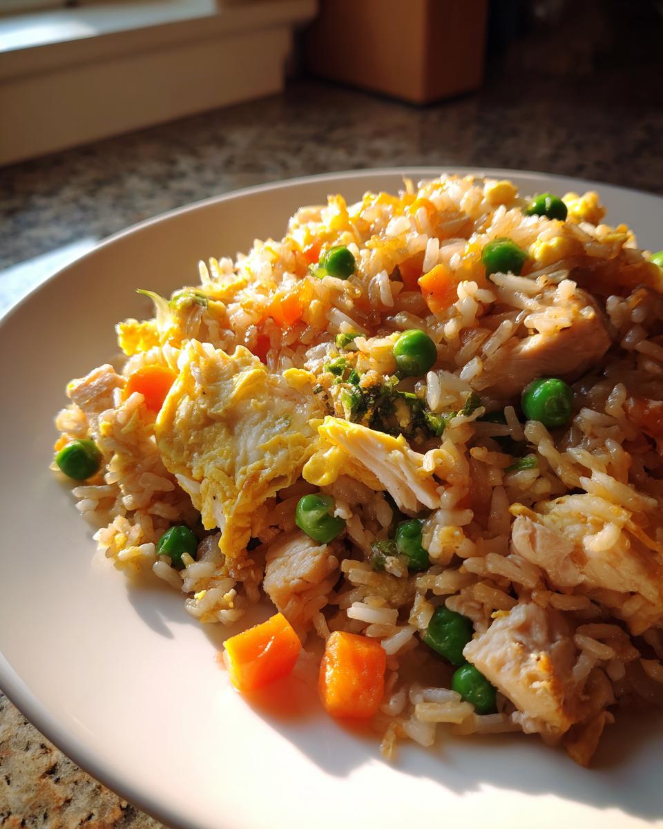 A close-up, sunlit serving of amazing chicken fried rice featuring pieces of chicken, scrambled egg, peas, and carrots.