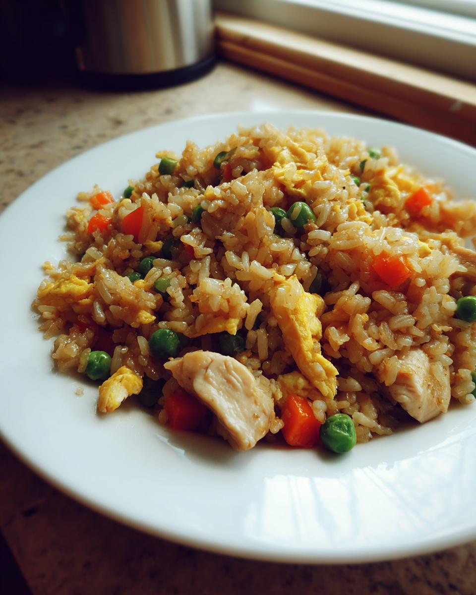 A close-up of a white plate filled with homemade chicken fried rice, featuring chunks of chicken, scrambled egg, peas, and carrots.