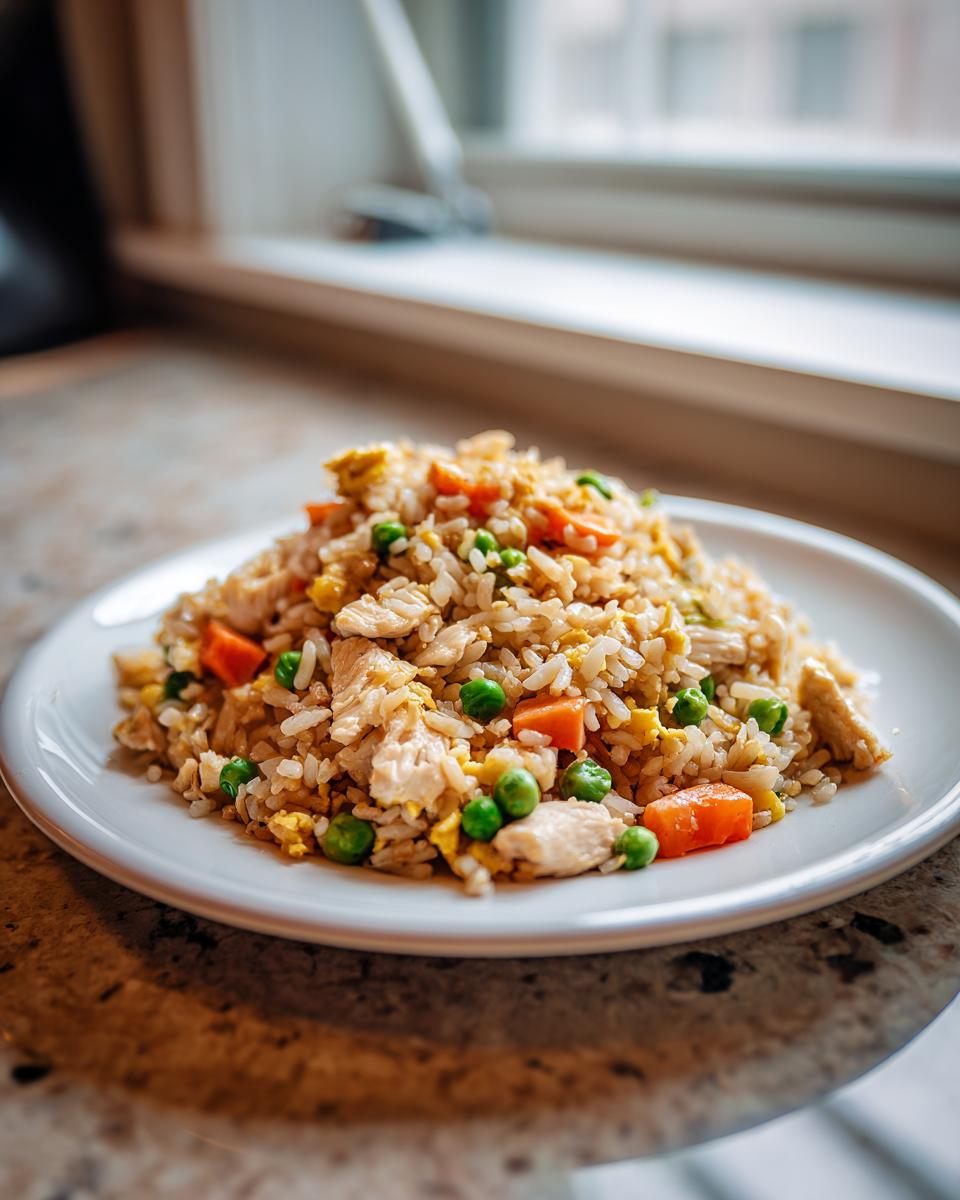 A close-up of a serving of amazing chicken fried rice with visible chunks of chicken, bright green peas, and diced carrots on a white plate.