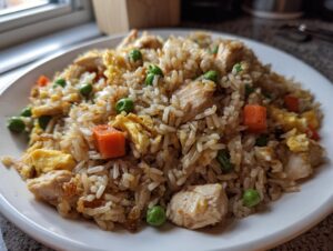 A close-up of a plate piled high with homemade chicken fried rice featuring diced chicken, peas, carrots, and scrambled egg.