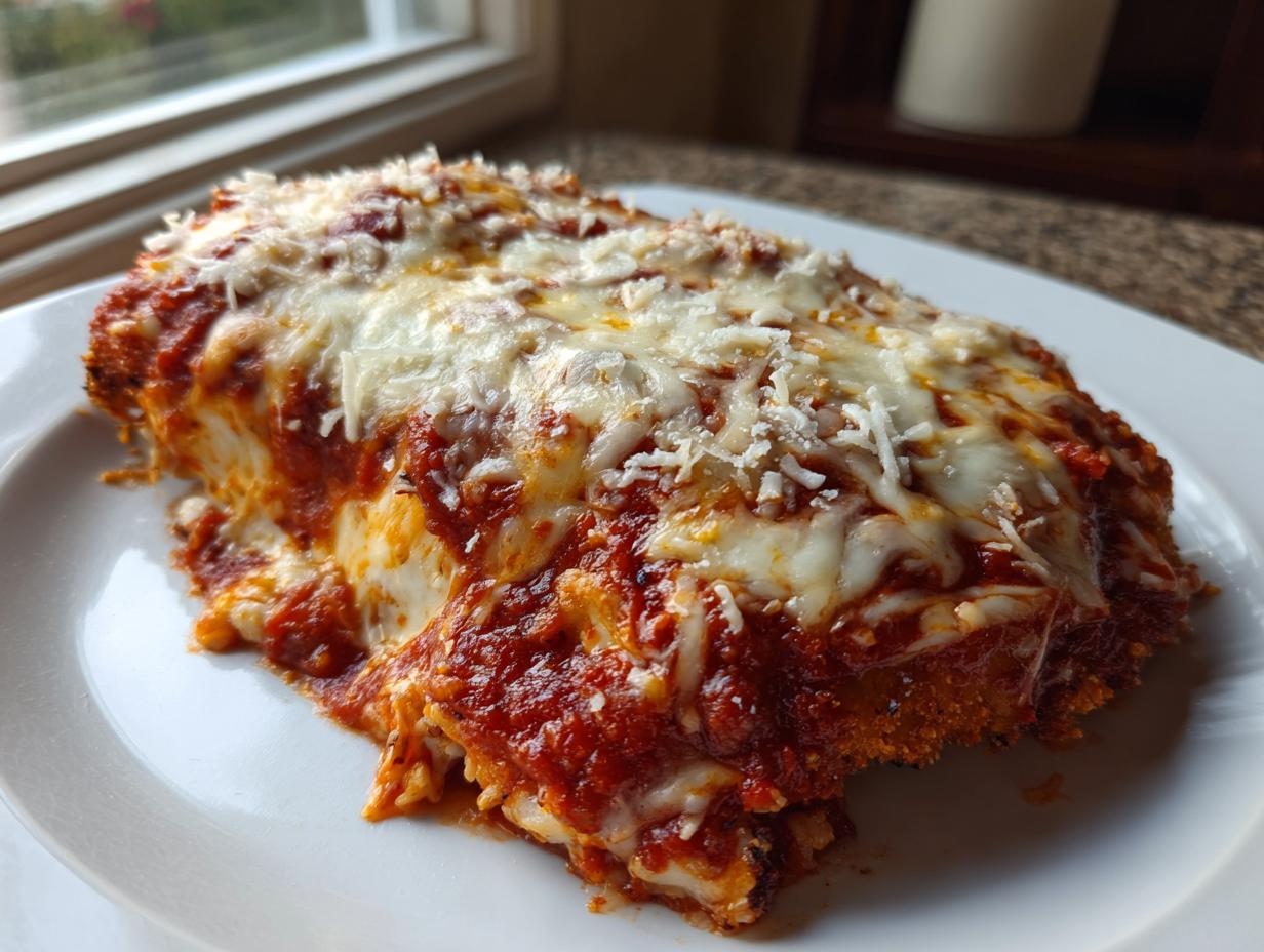 Close-up of a serving of amazing chicken parmesan recipe covered in melted mozzarella and grated parmesan cheese.
