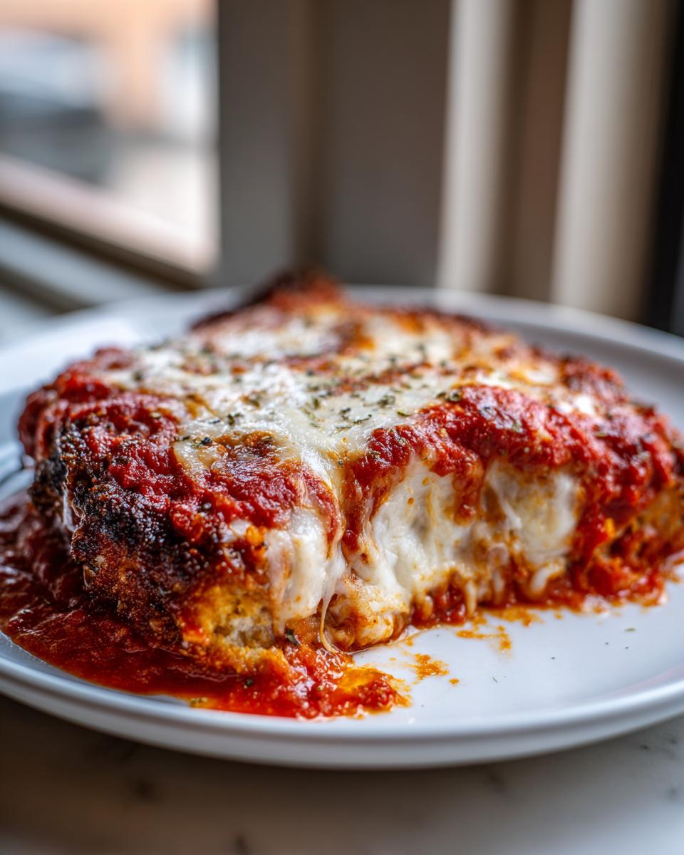 Close-up of a slice of amazing chicken parmesan recipe smothered in rich tomato sauce and melted mozzarella cheese.