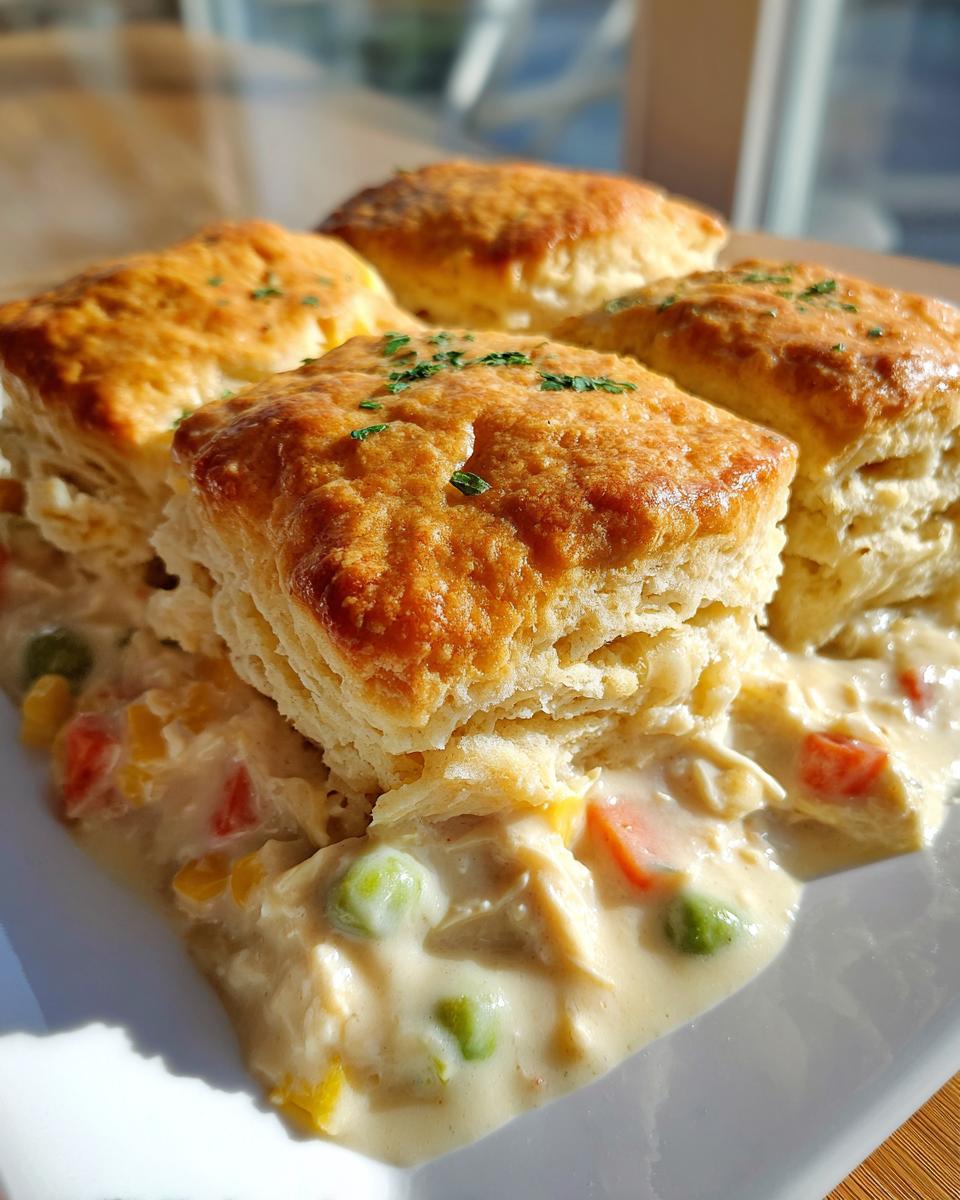Four golden, flaky biscuits topping a creamy chicken pot mixture with peas and carrots.