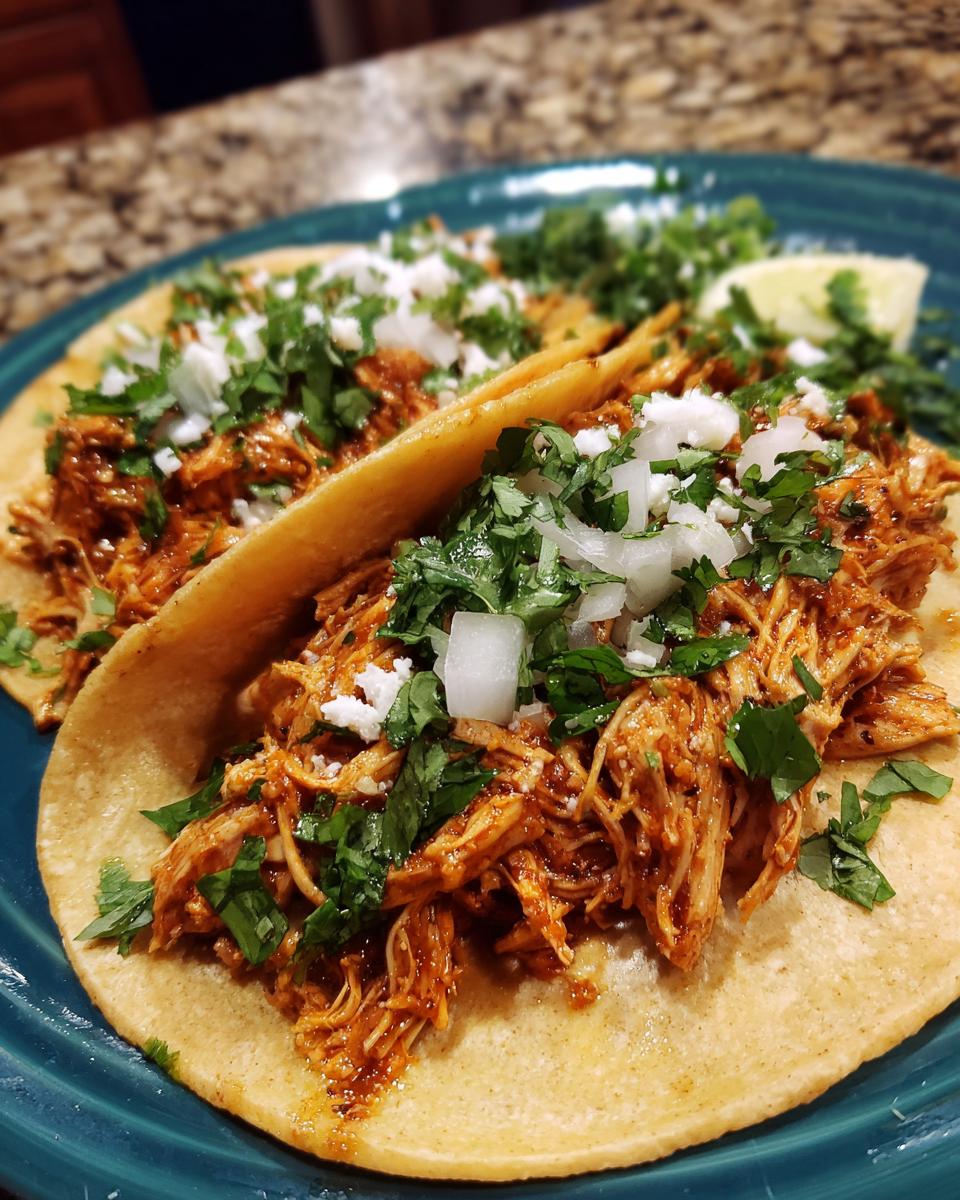 Close-up of two corn tortilla chicken tacos filled with shredded chicken and topped with onions, cilantro, and cotija cheese.