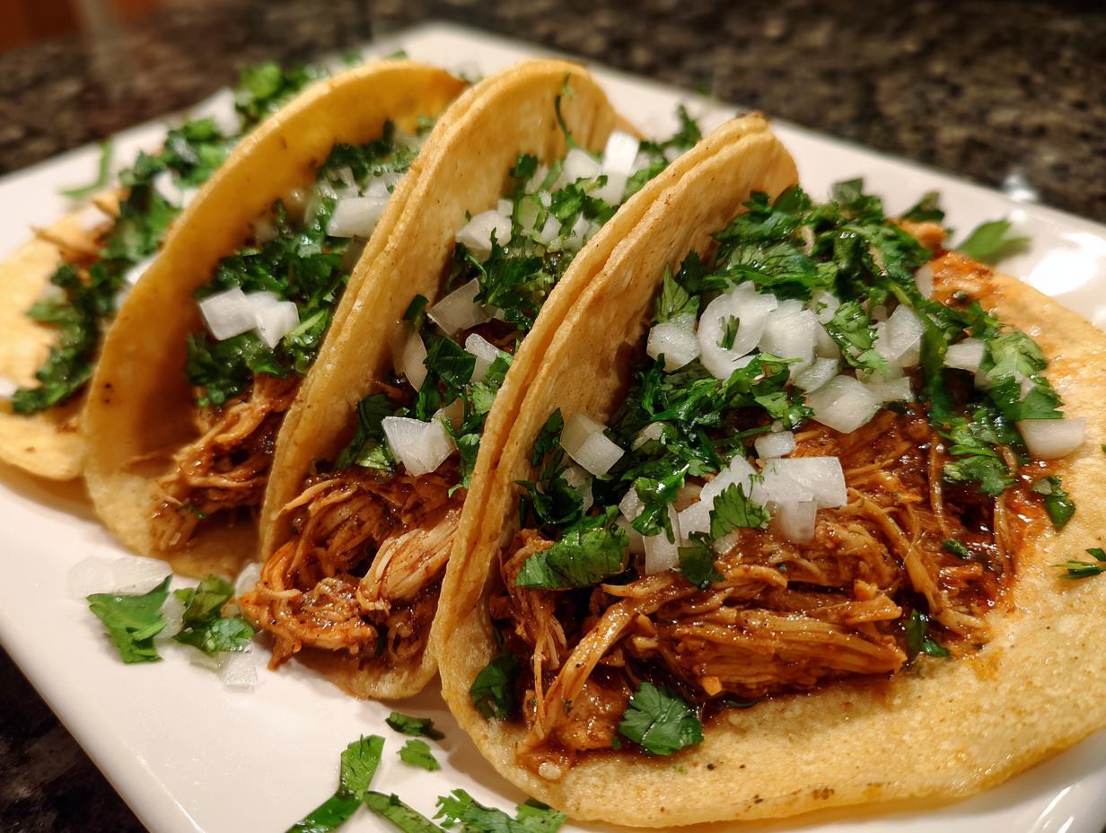 Three delicious chicken tacos filled with shredded meat and topped generously with fresh cilantro and diced white onion.