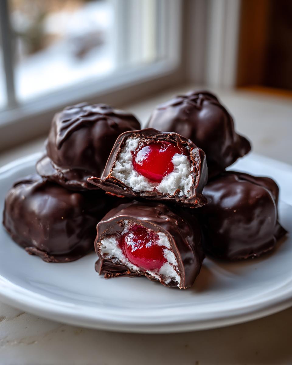 A stack of homemade chocolate covered cherries, with two cut open showing the white fondant and bright red cherry center.