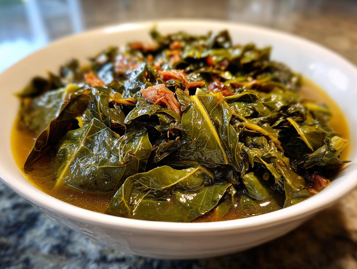 A close-up of a white bowl filled with savory, slow-cooked collard greens swimming in rich broth with pieces of smoked meat.