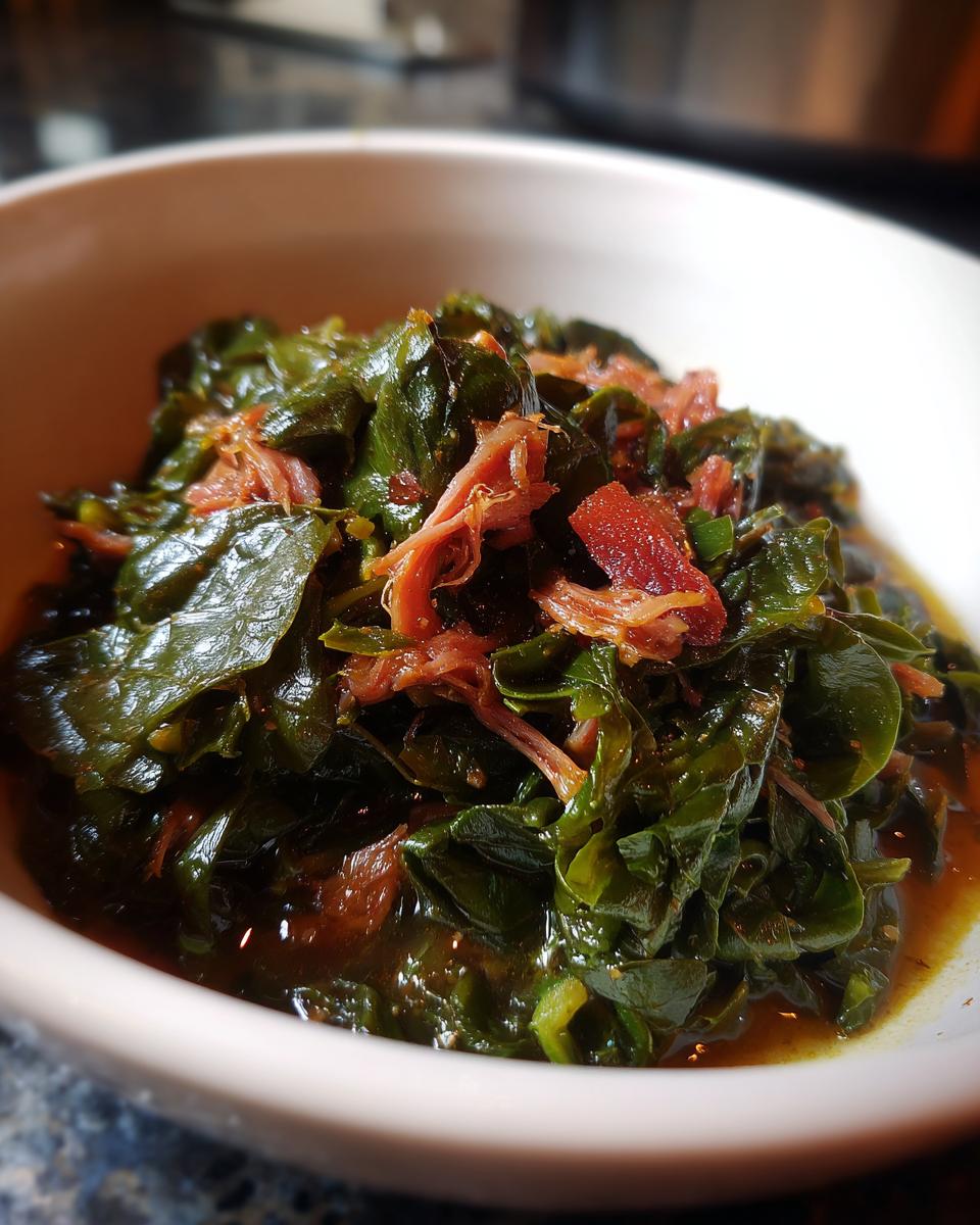 Close-up of tender, braised collard greens mixed with shredded smoked meat in a savory broth.