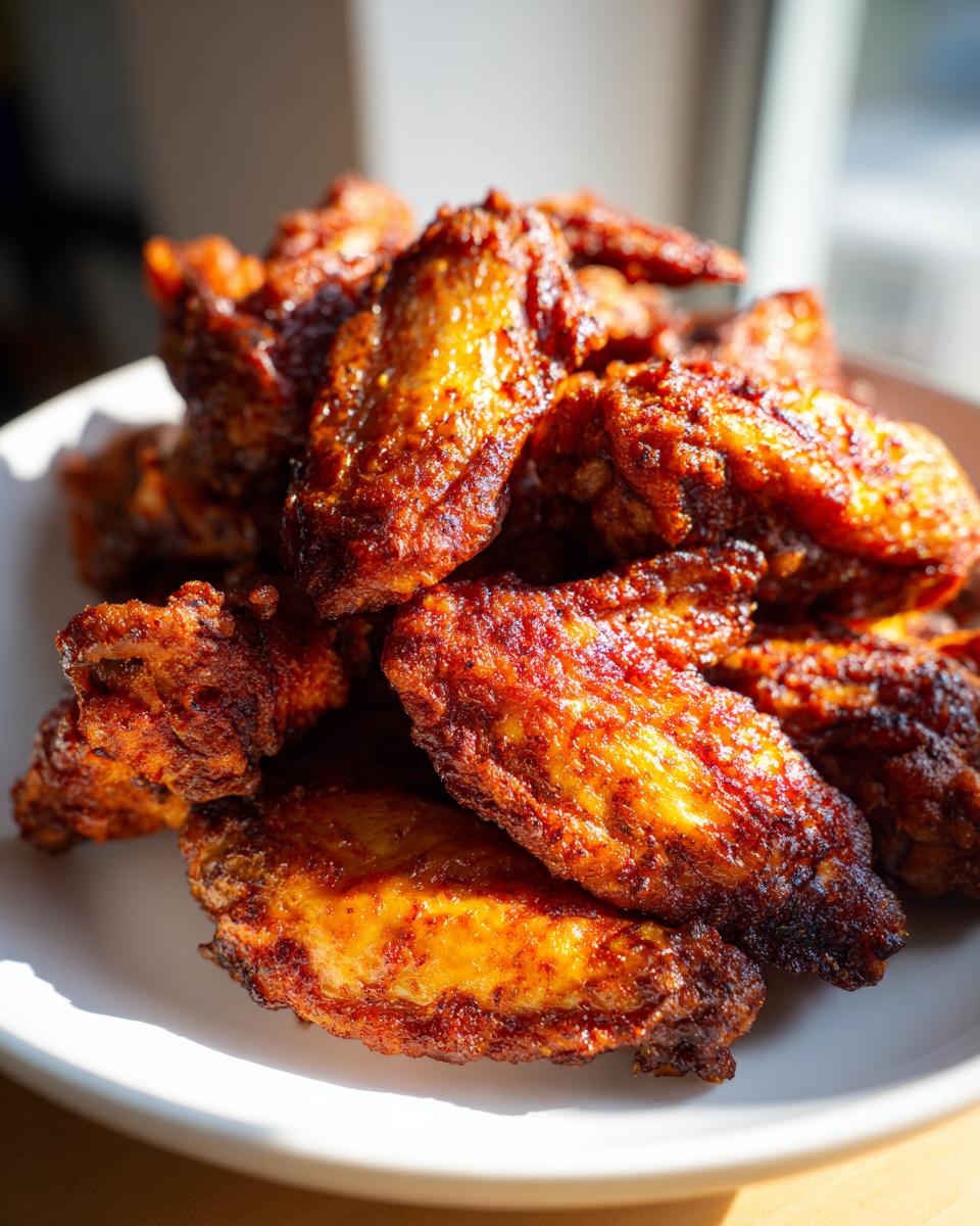 A close-up pile of perfectly crispy, glazed chicken wings stacked high on a white plate.