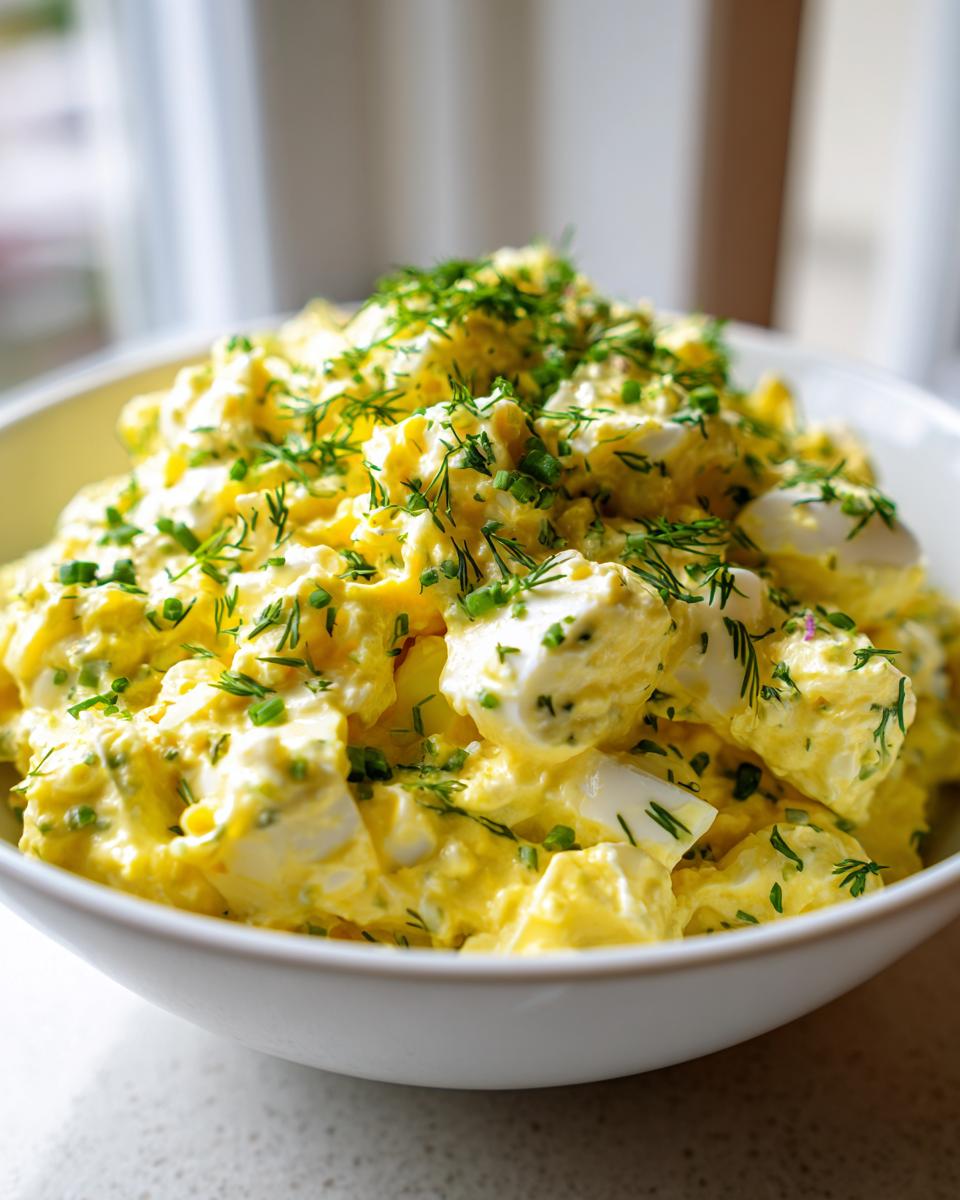 A close-up of a white bowl filled with creamy, bright yellow egg salad recipe, topped with fresh dill and chives.