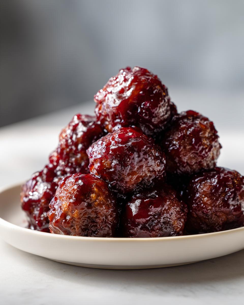 A close-up stack of glistening grape jelly meatballs coated in a rich, dark sauce on a white plate.
