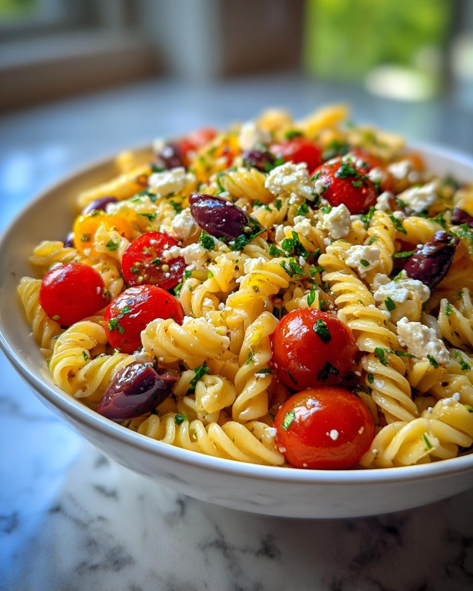 Close-up of a bowl of vibrant greek pasta salad featuring rotini, cherry tomatoes, feta cheese, and Kalamata olives.