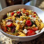 A close-up view of a bright and fresh greek pasta salad featuring rotini pasta, cherry tomatoes, feta cheese, and Kalamata olives.