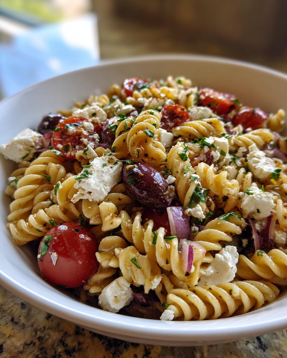 A close-up view of a white bowl filled with amazing greek pasta salad featuring rotini pasta, feta cheese, olives, and tomatoes.