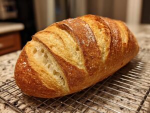 A golden-brown, crusty loaf of homemade Italian bread resting on a wire cooling rack.