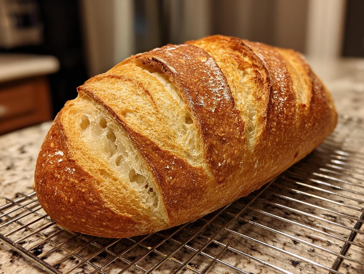 A golden-brown, crusty loaf of homemade Italian bread resting on a wire cooling rack.