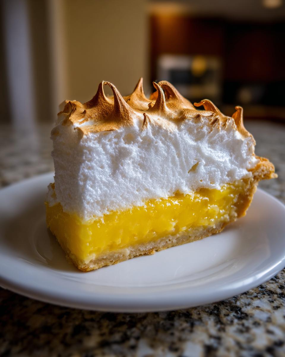 A perfect slice of lemon meringue pie showing bright yellow filling and tall, toasted meringue peaks.