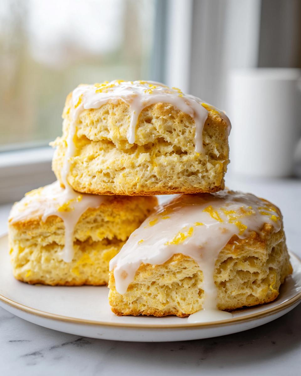 Three fluffy lemon scones stacked on a plate, generously topped with white lemon glaze and bright yellow lemon zest.