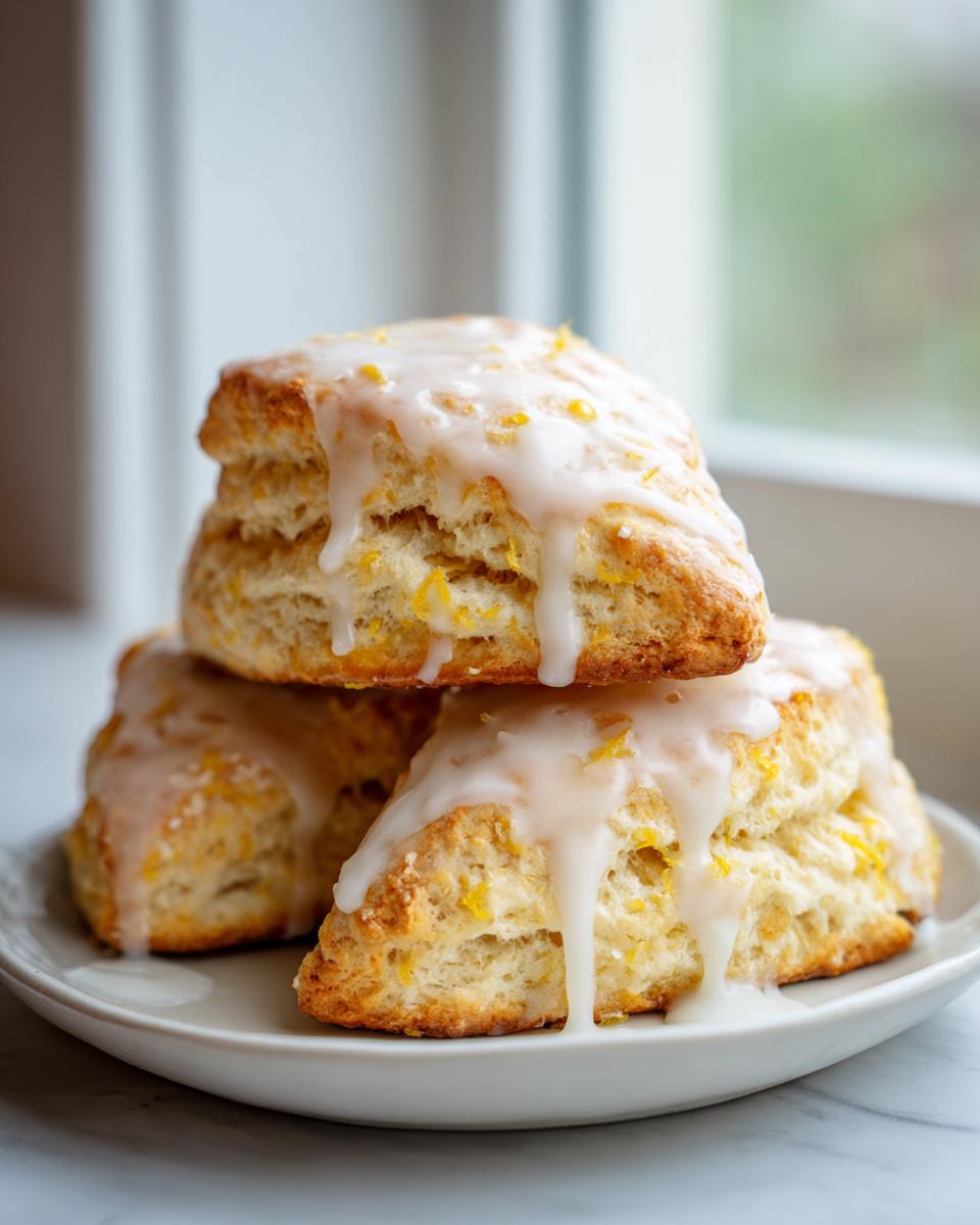 Three fluffy lemon scones stacked on a white plate, generously topped with a thick, dripping lemon glaze and zest.