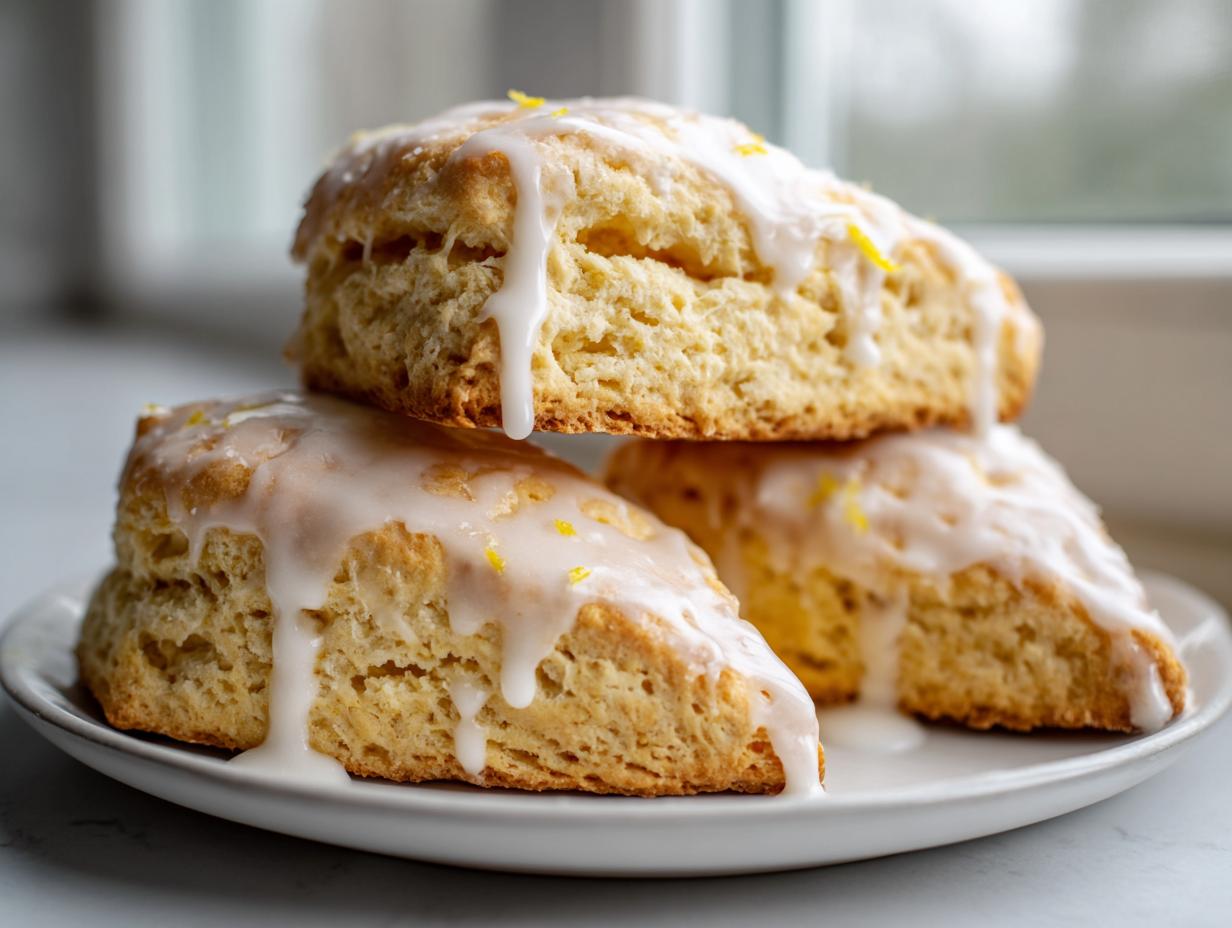 A stack of three freshly baked lemon scones topped with a thick, white lemon glaze and lemon zest.