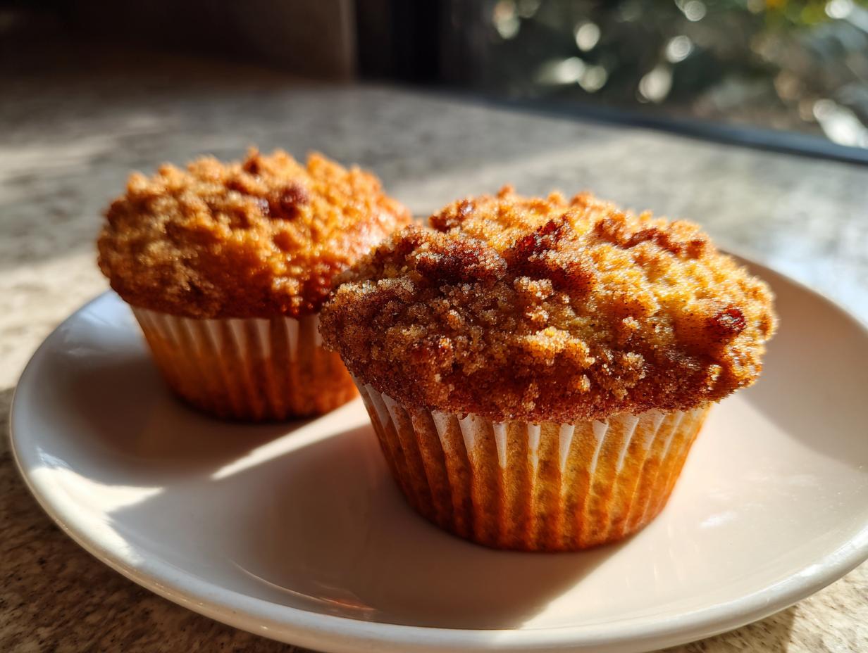 Two freshly baked oatmeal muffins with a generous, crispy crumb topping sitting on a white plate.