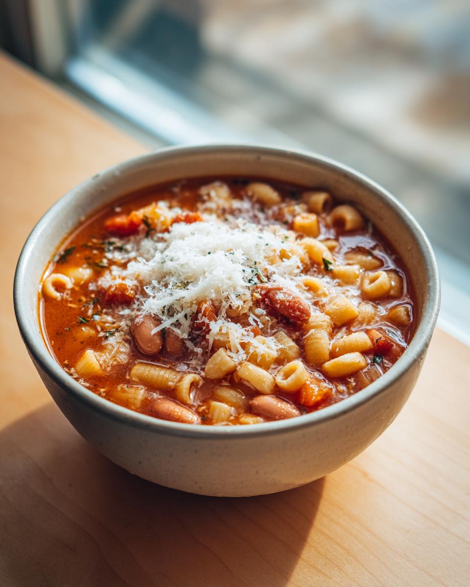 Close-up of a rustic bowl filled with rich, tomato-based pasta fagioli, topped generously with grated Parmesan cheese.