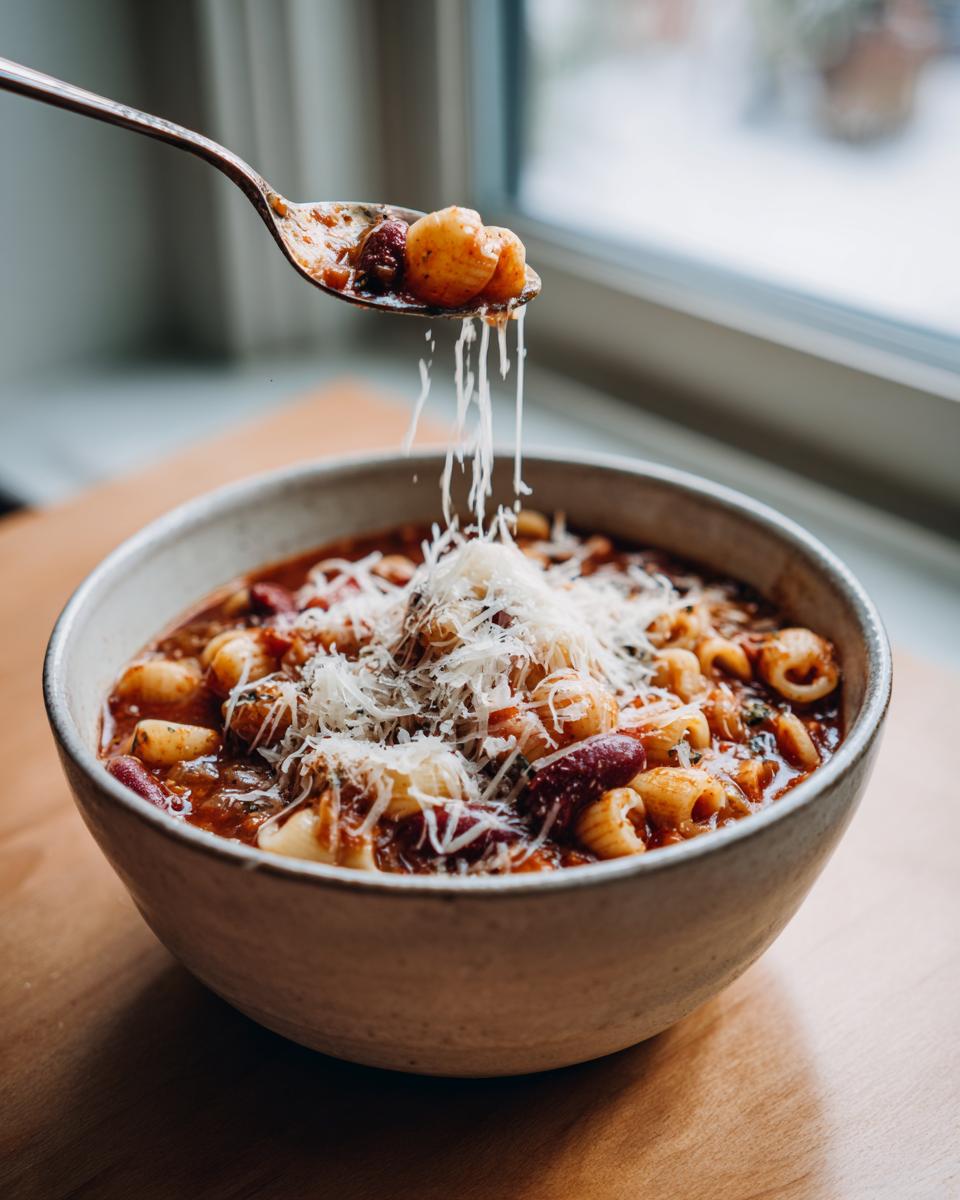 A spoonful of pasta fagioli is held above a bowl while grated cheese falls onto the hearty soup.