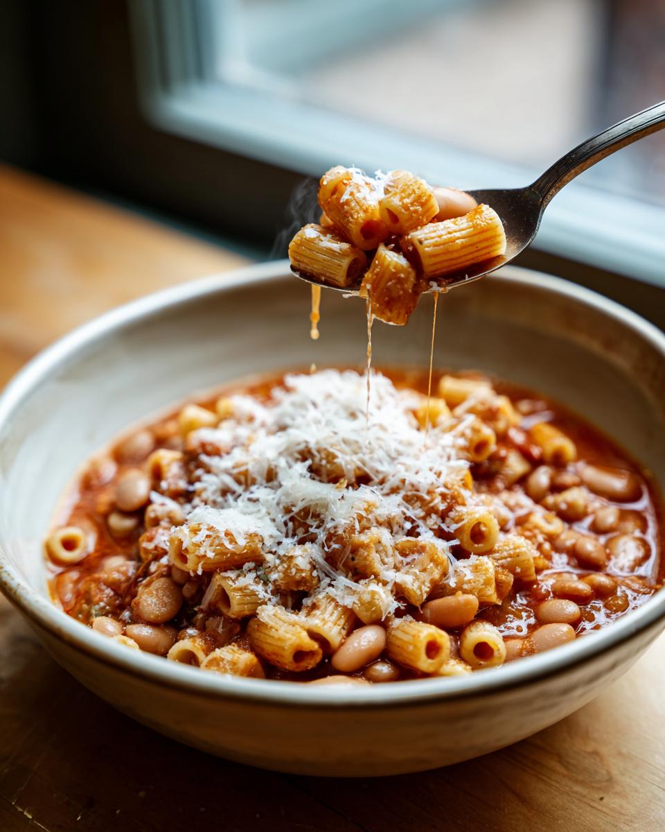 A spoonful of steaming pasta fagioli, topped with grated cheese, being lifted from a bowl of the hearty bean and pasta soup.