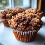 Close-up of a freshly baked pecan pie muffin topped with a thick, sugary pecan streusel topping.