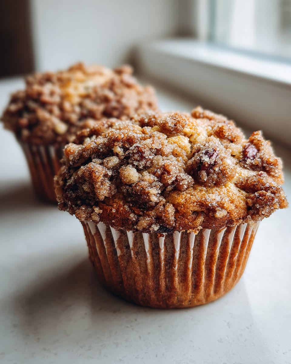 Close-up of a freshly baked pecan pie muffin featuring a thick, sugary streusel topping.