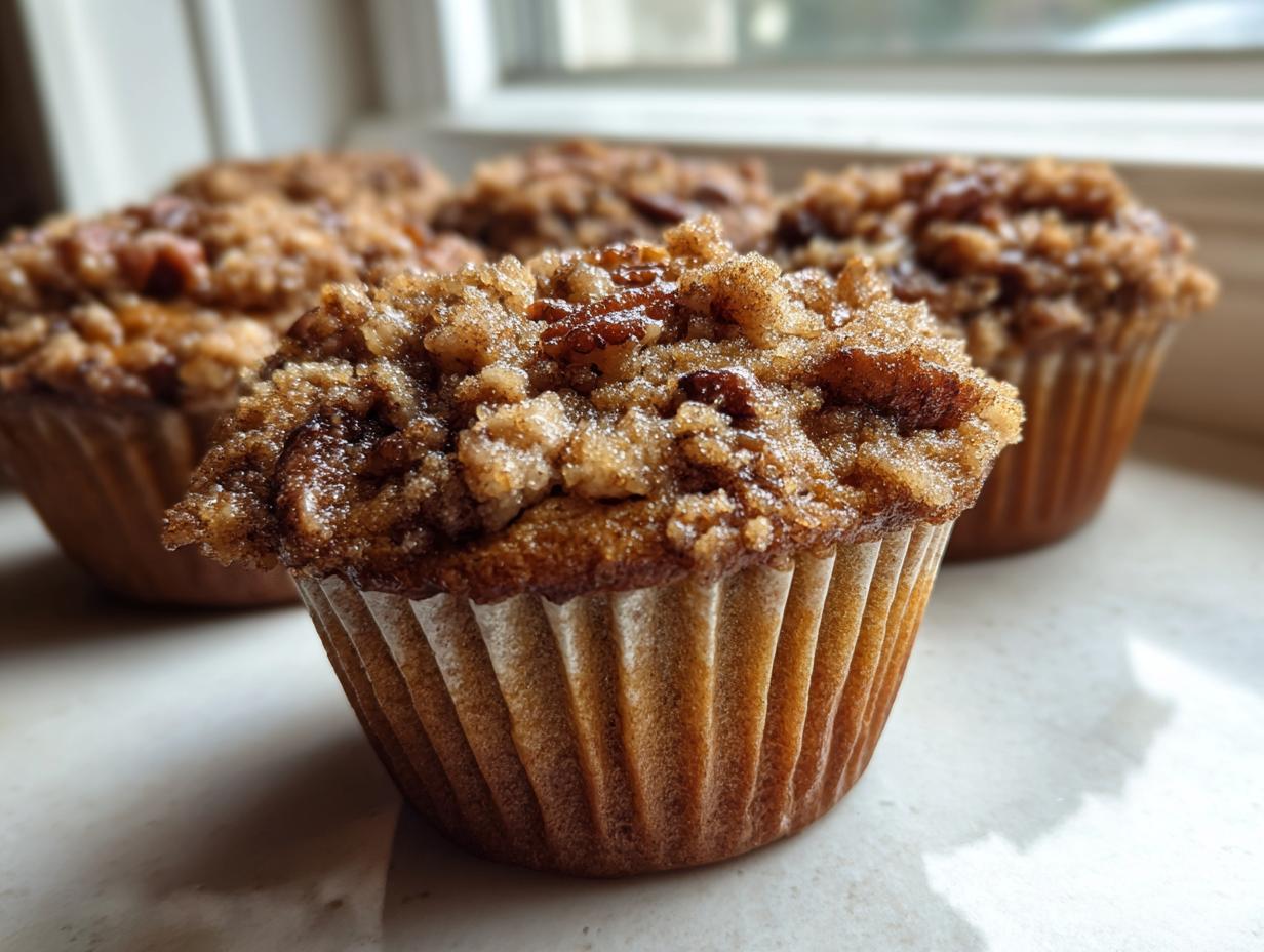 Close-up of a freshly baked pecan pie muffin topped with a rich, buttery streusel and pecans.